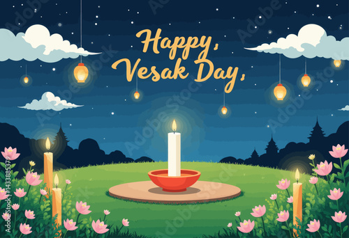 Happy Vesak Day Illustration with Candles and Lanterns