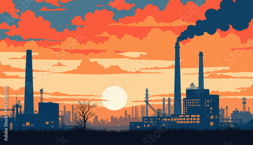 Industrial Plant Silhouette at Sunset with Smoke Stacks