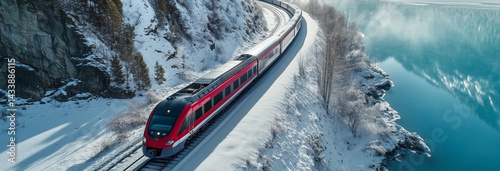 Obraz na płótnie Aerial drone above top view of a train driving on a snow mountain road near the lake w salonie