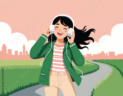 Happy woman listening to music in park with city skyline