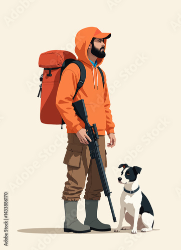 Hunter with Dog, Rifle, and Orange Backpack