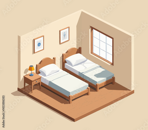 Isometric bedroom with two beds, window, and nightstand