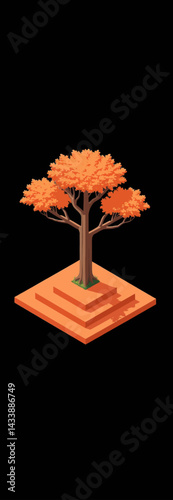 Isometric Orange Tree on Tiered Platform Against Black