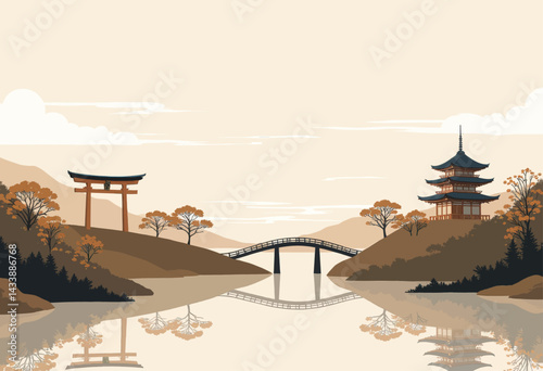 Japanese Pagoda and Torii Gate Landscape Reflection