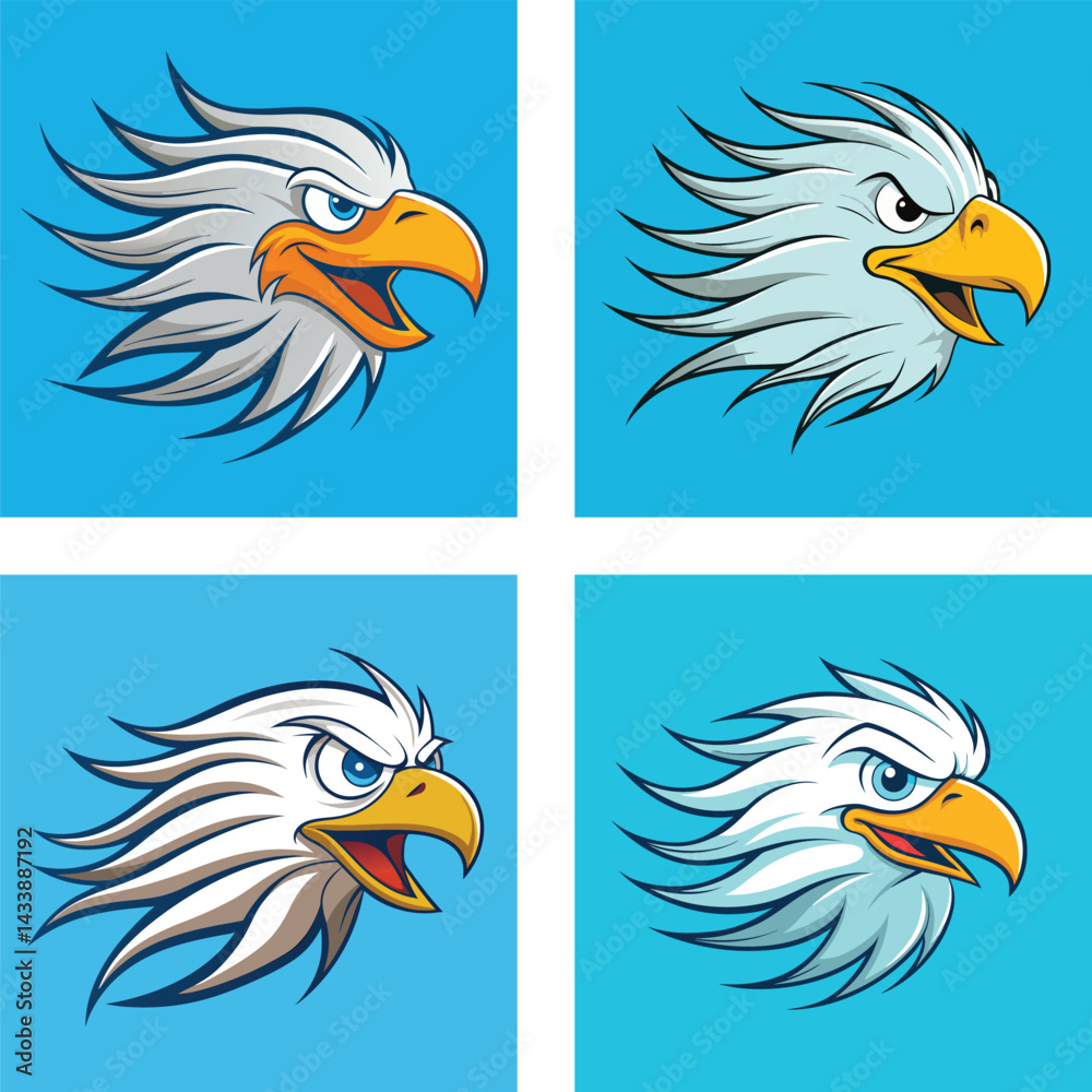 Fototapeta premium Four Cartoon Eagle Head Illustrations On A Light Blue Background Collection
