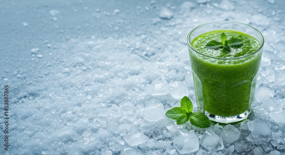 Cold green smoothie glass on ice cubes, healthy detox drink for diet, clean eating and refreshment, organic superfood beverage, vegan nutrition, wellness Cold green smoothie glass on ice cubes, healthy detox drink for diet, clean eating and refreshment, organic superfood beverage, vegan nutrition, wellness