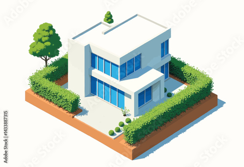 Isometric Modern White House with Blue Windows and Green Hedges