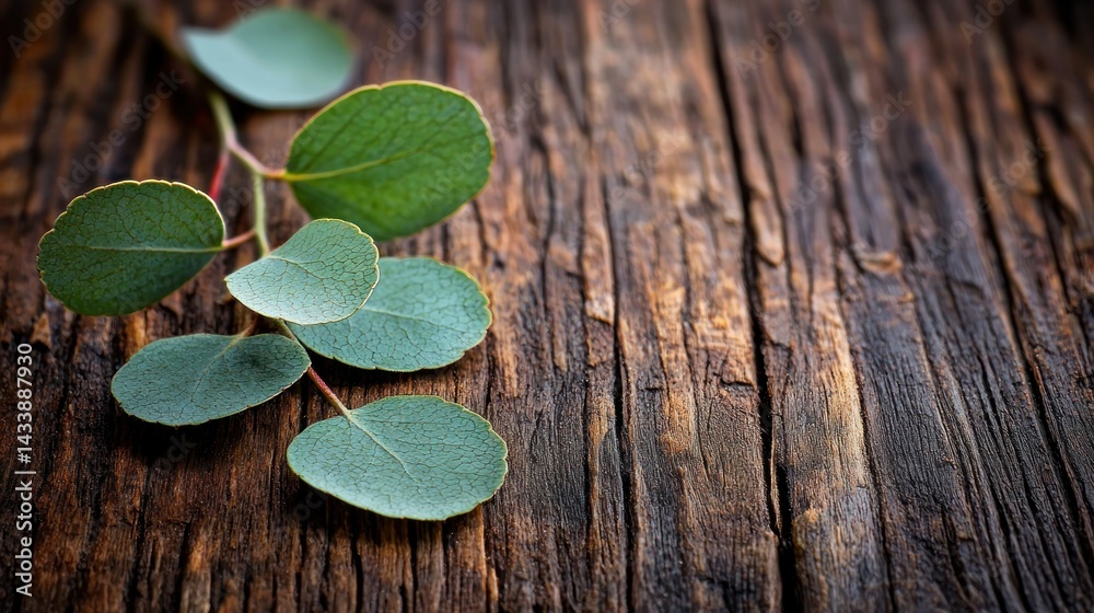 Fresh eucalyptus leaves on weathered wood Fresh eucalyptus leaves on weathered wood