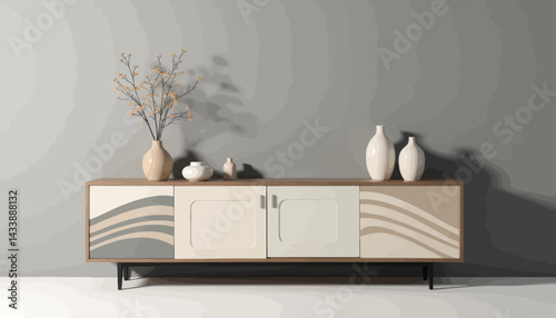 Modern sideboard with vases and floral arrangement against gray wall