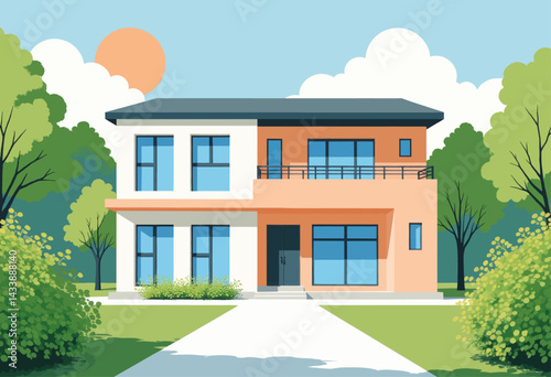 Modern Two-Story House with Balcony and Green Lawn