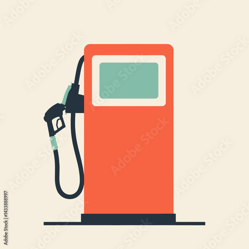 Orange gas pump with black nozzle and green display screen