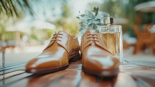 Elegant tan leather dress shoes, perfume, and greenery, outdoors