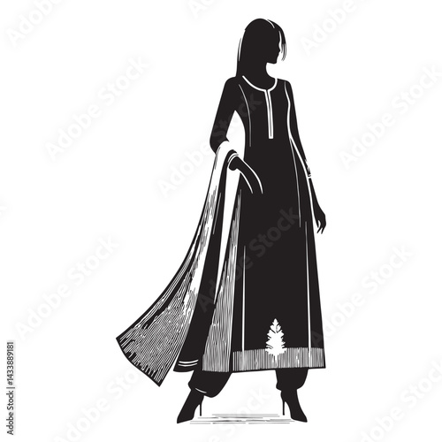 Traditional Salwar Kameez silhouette, rich in cultural symbolism – Salwar Kameez illustration – Minimalist Salwar Kameez vector – Ladies dress silhouette

