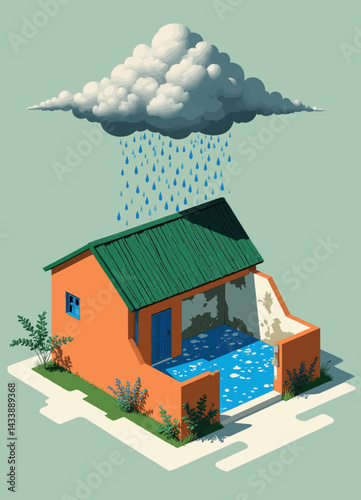 Orange House Flooded by Rain Cloud in Isometric View