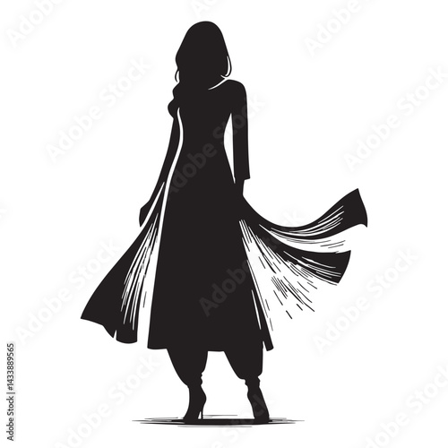Graceful Salwar Kameez silhouette, classic lines and style – Salwar Kameez illustration – Minimalist Salwar Kameez vector – Ladies dress silhouette

