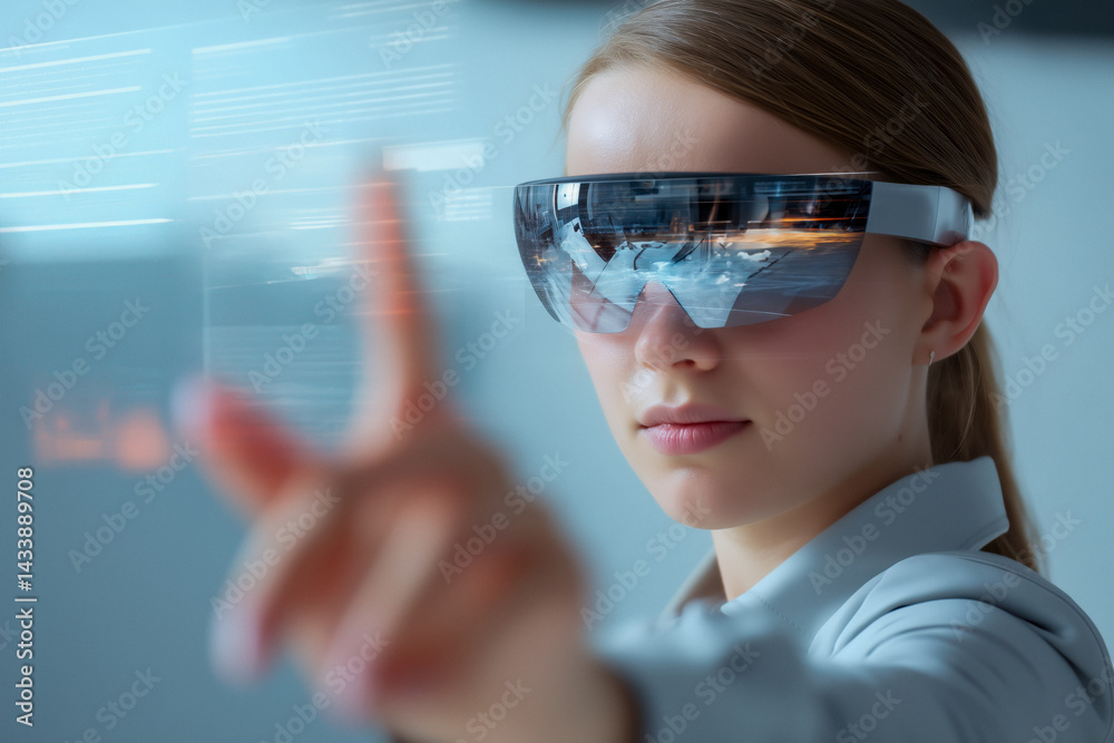 Woman interacting with holographic interface using AR glasses