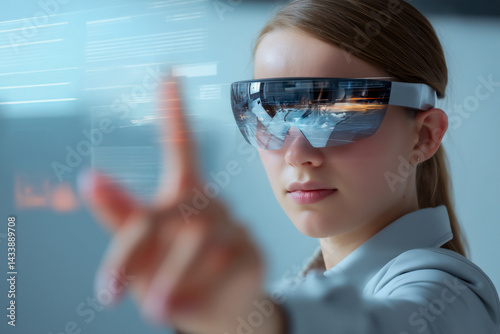 Obraz na płótnie Woman interacting with holographic interface using AR glasses w salonie