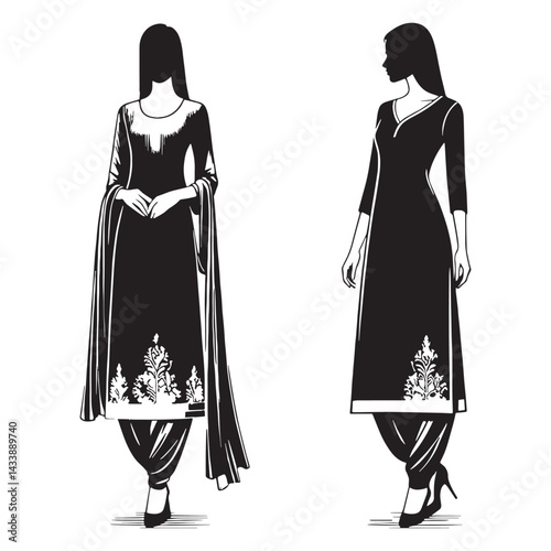 Elegant Salwar Kameez silhouette, perfect for everyday wear – Salwar Kameez illustration – Minimalist Salwar Kameez vector – Ladies dress silhouette

