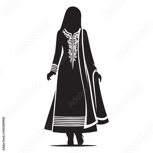 Flowing Salwar Kameez silhouette, comfortable yet chic design – Salwar Kameez illustration – Minimalist Salwar Kameez vector – Ladies dress silhouette

