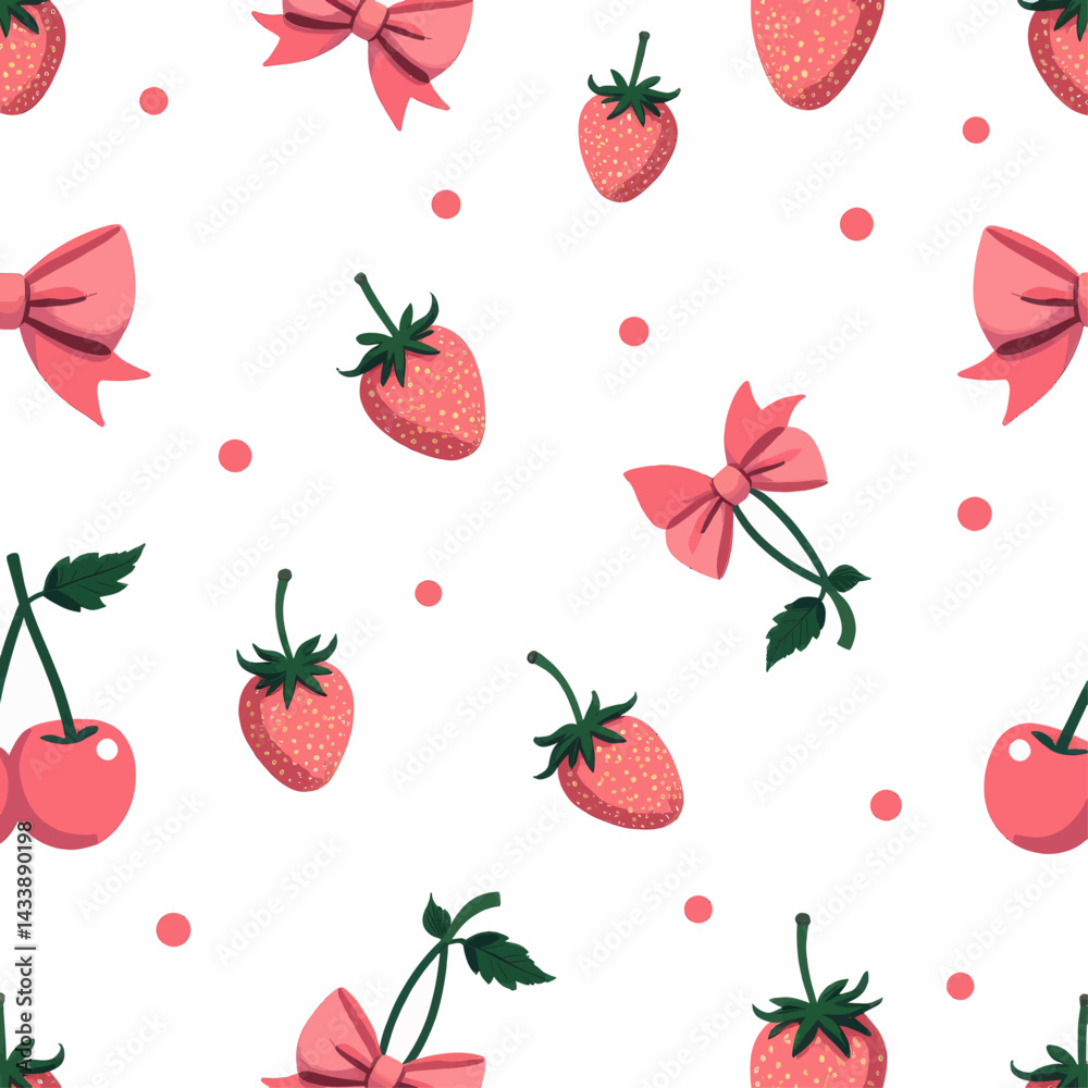 Pink bow, strawberry, cherry seamless pattern on white Pink bow, strawberry, cherry seamless pattern on white