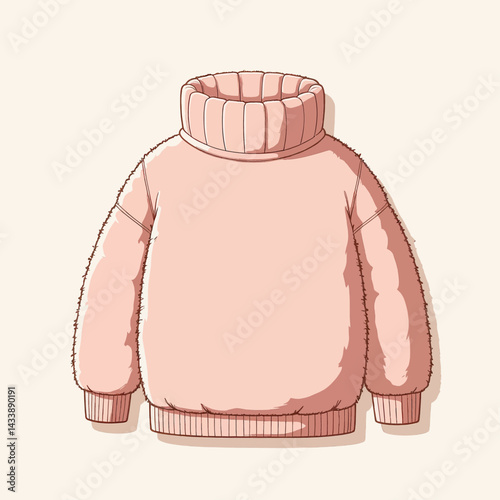 Pink cartoon sweater with turtleneck and fuzzy trim