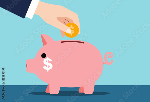 Pink Piggy Bank with Dollar Coin Illustration
