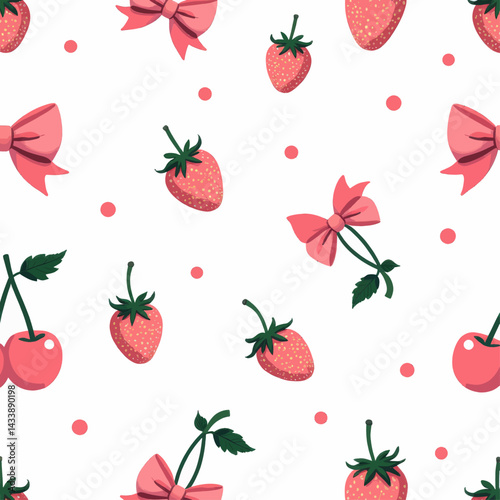 Pink bow, strawberry, cherry seamless pattern on white
