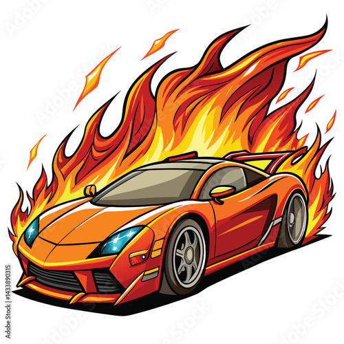 Car Fire illustration of a red sport car in flames Vector illustration. Isolated on white background.