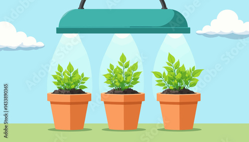 Potted Seedlings Under a Grow Light Cartoon