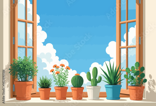 Potted Plants on Windowsill with Blue Sky View