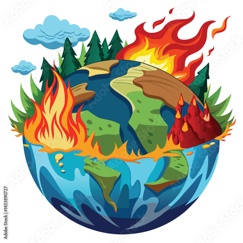 Earth burning with fire Global warming High temperature on the background of nature. Vector illustration.