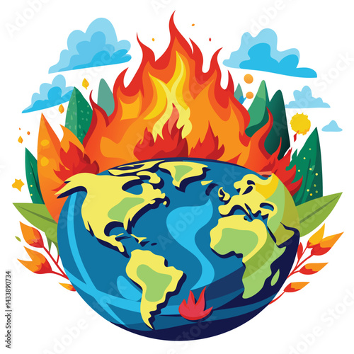Earth burning with fire Global warming High temperature on the background of nature. Vector illustration.