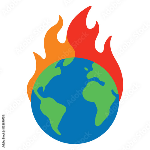 Earth burning with fire Global warming High temperature on the background of nature. Vector illustration.