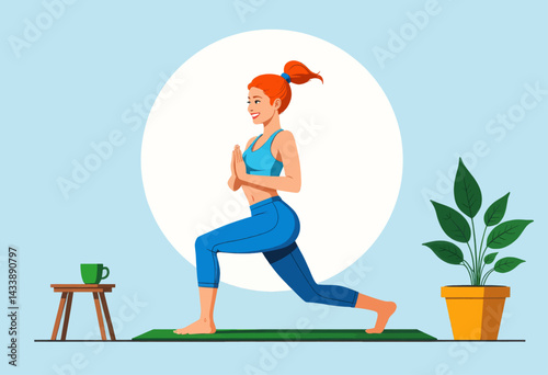 Redhead woman in blue sportswear doing yoga pose indoors