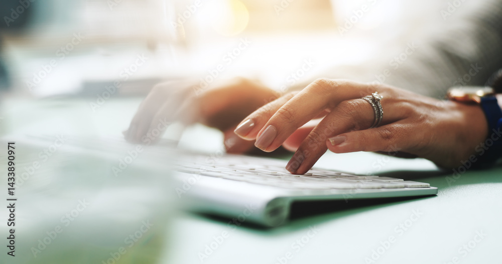 Hands, keyboard and business person typing in office for research, report and journalism on internet. Writing, computer and closeup of woman working on news, article and creative story with email