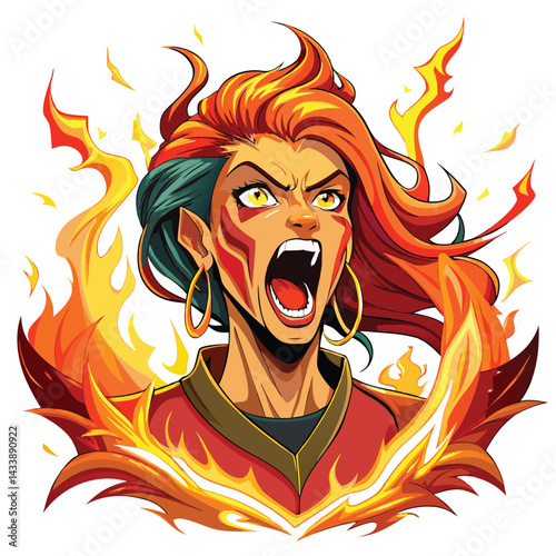 A woman with anger, emotion, and fire Angry man in a fire. Vector illustration for your design.