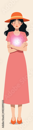 Sad woman in pink dress with glowing orb hugs herself