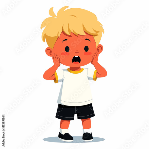 Shocked blond cartoon boy with hands on face