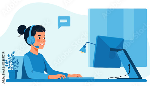 Smiling Woman with Headset Working at Computer in Blue Tones