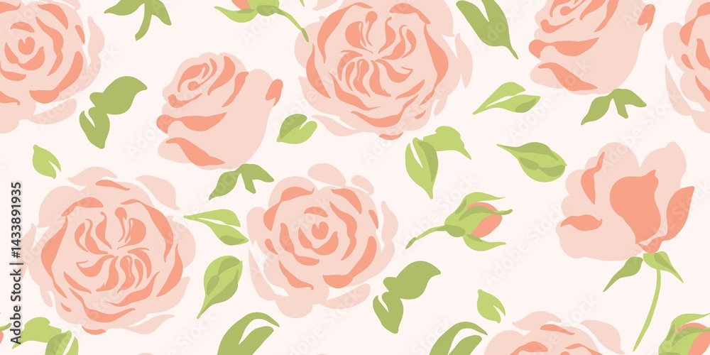 Delicate Floral Pattern with Peach Roses on White Background Delicate Floral Pattern with Peach Roses on White Background
