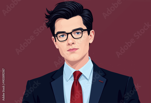 Stylish man with blue eyes, glasses, suit, and red tie