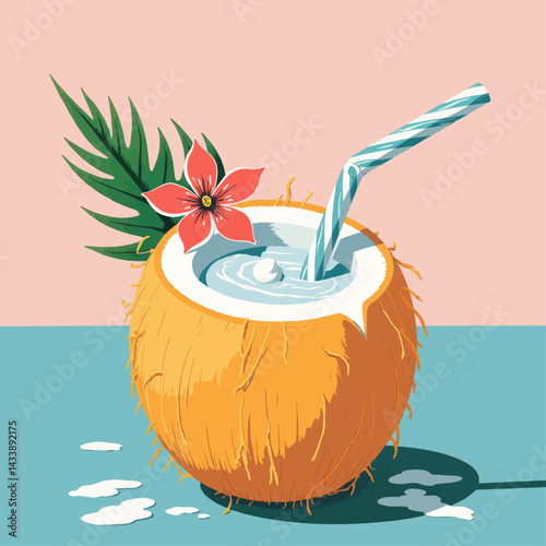 Stylized Coconut Drink with Flower and Striped Straw