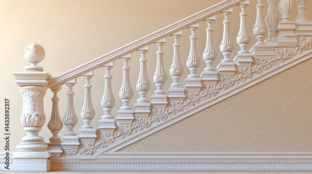 Fototapeta premium Elegant white staircase interior design, ornate banister, cream wall, architectural detail, home decor