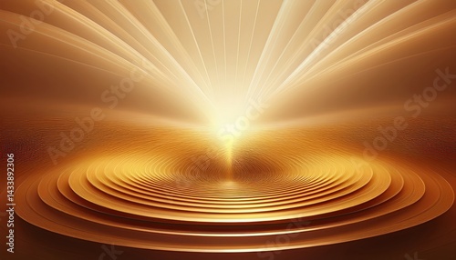 Radiant golden light spreading across circular waves abstract digital art home environment artistic viewpoint concept of harmony and balance