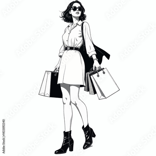 Stylish Woman with Shopping Bags in Black and White