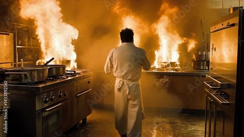 Intense Fire Erupts in Professional Kitchen with Chef in White Uniform Experiencing Crisis During Cooking