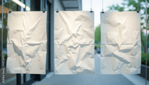 Three Crumpled White Posters Hanging in Window Display