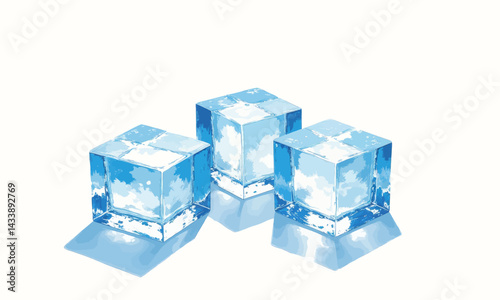 Three Blue Watercolor Ice Cubes on White