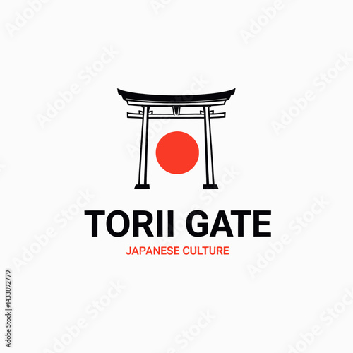 Torii Gate Icon with Red Sun, Japanese Culture