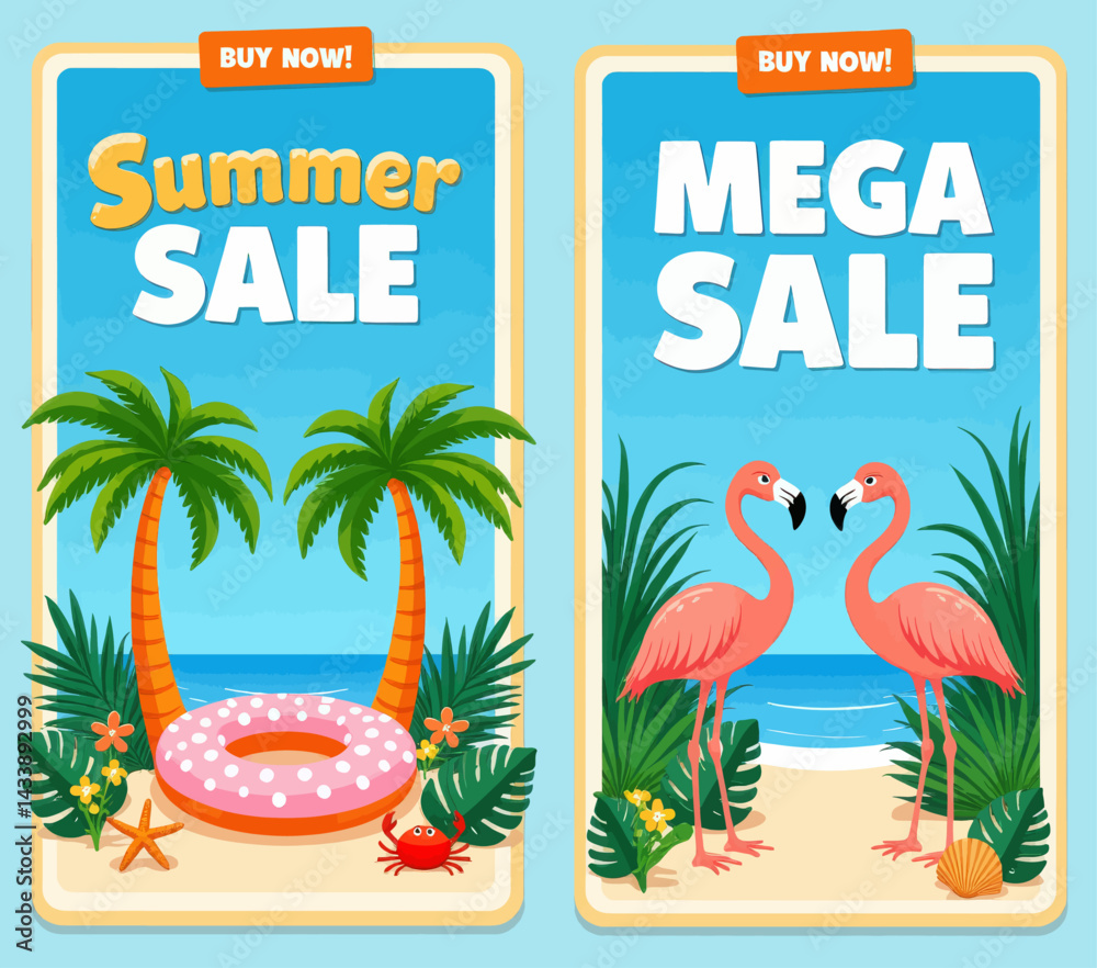 Naklejka premium Summer and Mega Sale Cartoon Beach Banners